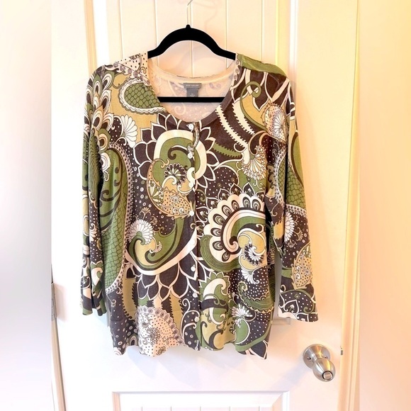 Ann Taylor Cardigan Size XL Paisley Print Green, Brown and Cream Cotton Silk - Picture 1 of 8
